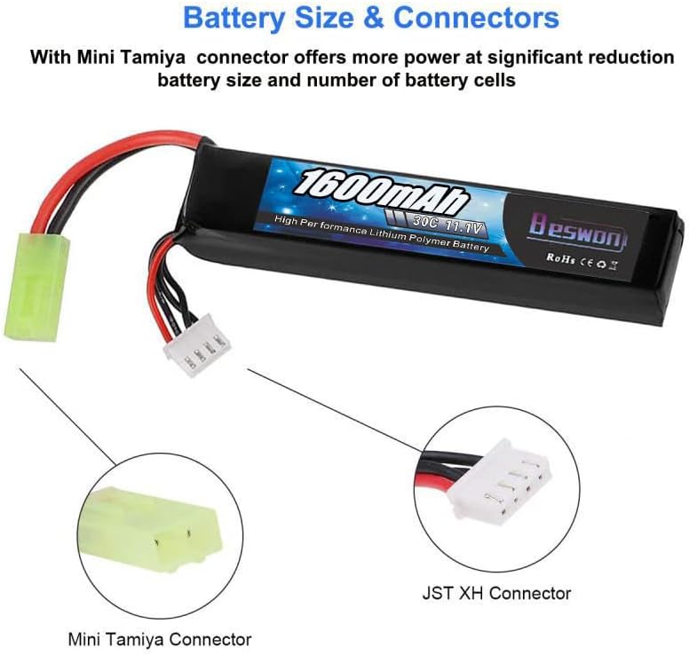 BESWON 2 Packs Airsoft Battery 11.1V Rechargeable 1600mAh 30C Lipo Battery with Mini Tamiya Connector，2S-3S Balance Charger for Airsoft Guns Rifle - Image 2